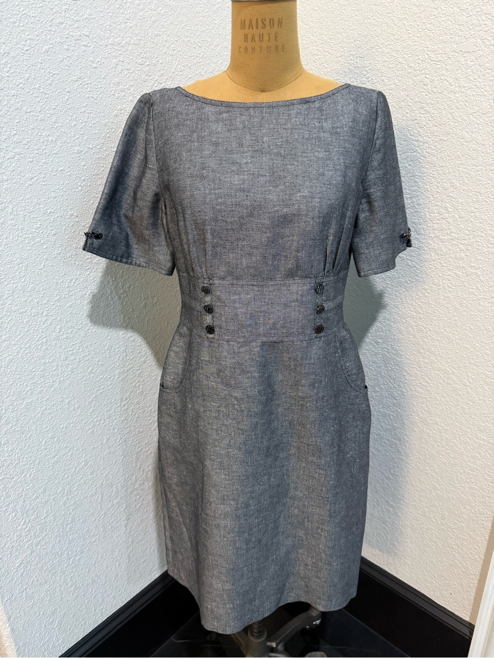 Tahari Grey Short-Sleeve Midi Sheath Dress with Button Waist Detail
